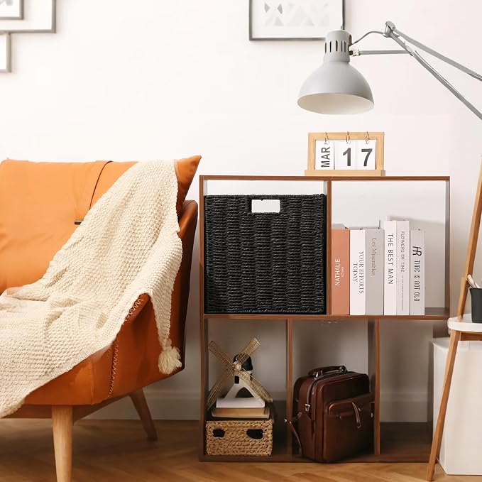Set of 2 Hand-Woven Paper Rope Wicker Baskets,12x12x12in Storage Basket, Foldable Cube Storage Bins, Black Storage Cubes, Square Baskets for Organizing Shelves Decor - Image 5