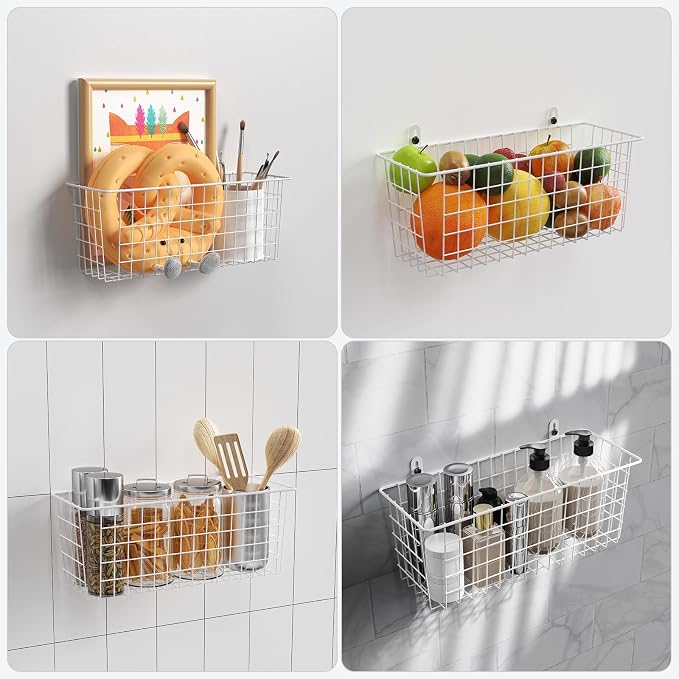 MaraFansie [Extra Large Wire Basket 2-Pack Hanging Wall Organizer Cabinet Storage Basket Wall Mounted Shelves Rustic Farmhouse Decor for Home Kitchen Bathroom, White - Image 3