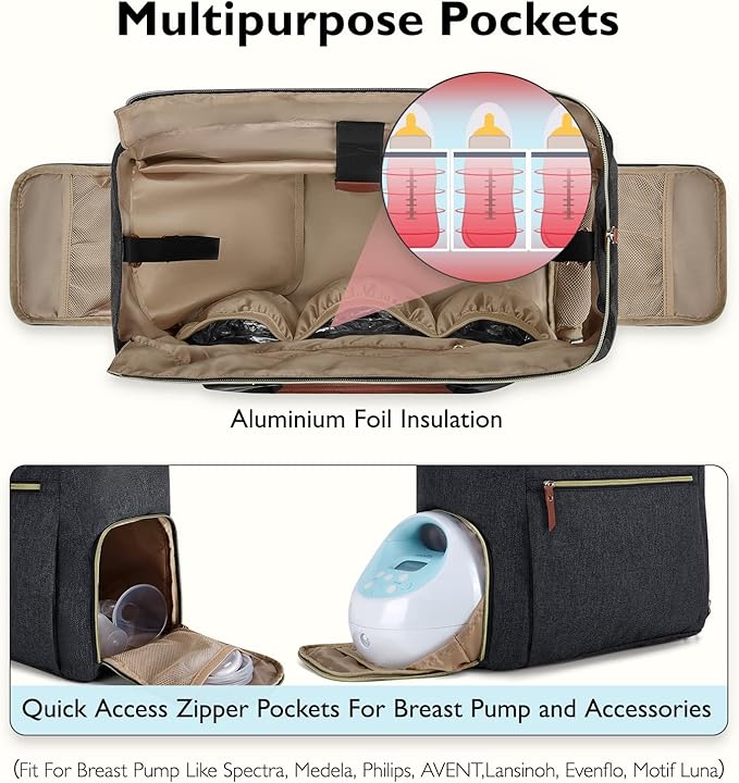 mommore Breast Pump for Spectra S1/S2 & Medela, Diaper Bag Travel Tote | Pumping Tote Bag with Insulated Pockets, Work Bag for Breastfeeding Mom with 15" Laptop Sleeve & Changing Pad - Image 3
