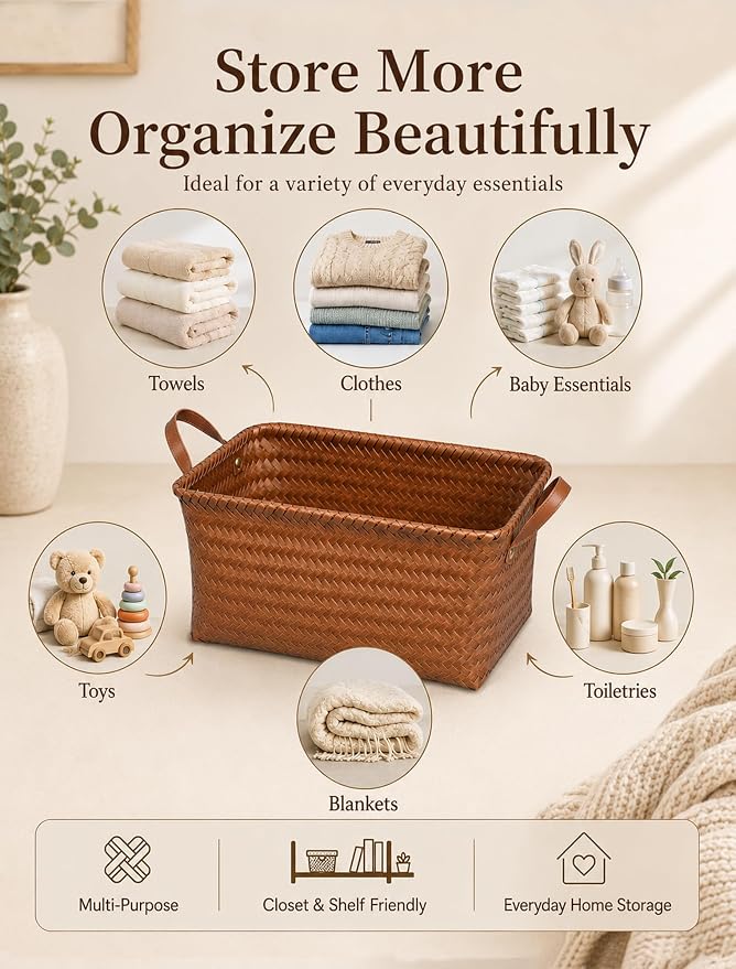 Wicker Storage Baskets, 4 Pack Woven Baskets for Shelves, Brown | PP Rattan, Water-resistant Wicker Basket, Large Baskets with Faux Leather Handles for Blanket, Laundry Organizer, Room Decor - Image 4