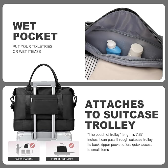 Weekender Bags for Women, Travel Duffel Bags with Shoe Compartment,Personal Item Travel Bag for Airlines, Carry on Overnight Tote Bag for Women with Toiletry Bag, Black - Image 6