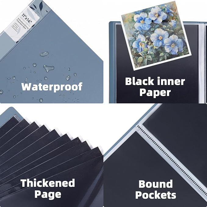 13x19 Blue Art Portfolio Folder Displaying 48 Pages with Plastic Sleeves | 24-Pocket Presentation Book Binder For Artwork Storage Featuring Dark Inner Paper Inserts Protective Document Archival Holder - Image 4