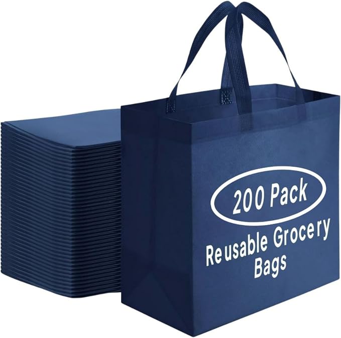 Simply Cool 200 Pack Reusable Grocery Bags, Large Tote Bags Bulk, Navy Blue | 14.5"x14"x6.6" Heavy Duty Non-woven Custom Shopping Bags with Handles, Foldable, Washable for Groceries and Commercial use by SimplyCool