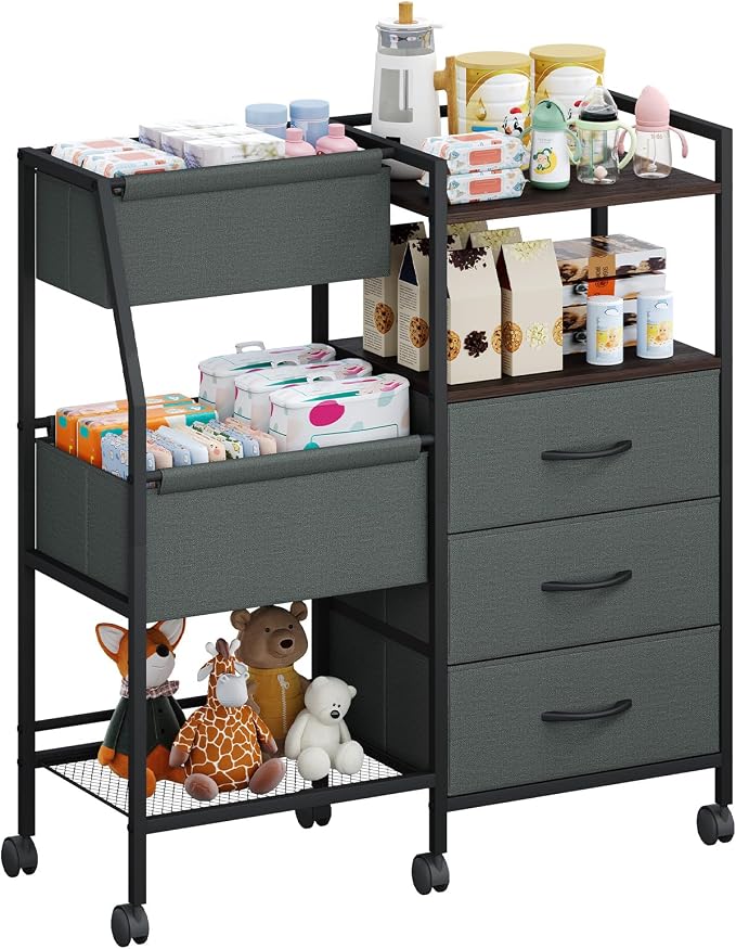 Somdot Baby Diaper Caddy Organizer, 3-Tier Rolling Cart with Drawers | Large-Capacity Metal Nursery Organizer with Removable Dividers, Charcoal Grey by Somdot
