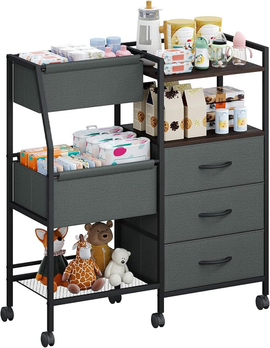 Somdot Baby Diaper Caddy Organizer, 3-Tier Rolling Cart with Drawers | Large-Capacity Metal Nursery Organizer with Removable Dividers, Charcoal Grey by Somdot
