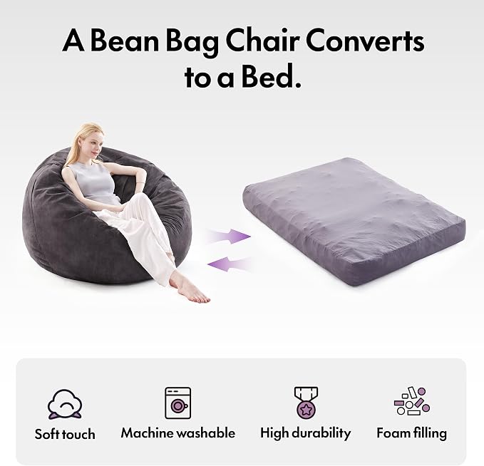 Giant Bean Bag Chair Bed for Adults, Convertible Beanbag Chairs to Floor Mattress Bed, Large Bean Bag Lazy Chair with High-Density Foam Filling, Bean Bag Couch Sofa Bed Washable, Grey Black - Image 6