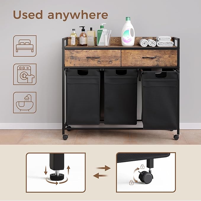 Mondeer 150L Laundry Sorter 3 Section with 3 Bags 4 Wheels 2 Drawers | 50L x 3 Pull-Out Laundry Hamper Baskets Removable for Laundry Room Bathroom, Rustic Brown and Black - Image 4