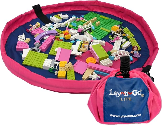 Lay-n-Go Layflat Portable Drawstring Cinch Storage Toy & Mini Figures Organizer & Play Mat, Mesh Pockets, Home & Travel, Kids & Toddlers Playdates, 2 Straps for Backpack, Durable, Machine Washable by Lay-n-Go