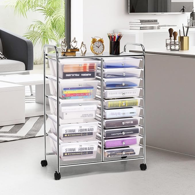 DREAMADE Rolling Cart with 15 Drawers, Clear Plastic Drawer Organizer w/Lockable Wheels, Removable & 2-Sized Storage Drawers, Art Cart for School Home Art Supplies Crafts File Scrapbook (Transparent) - Image 2