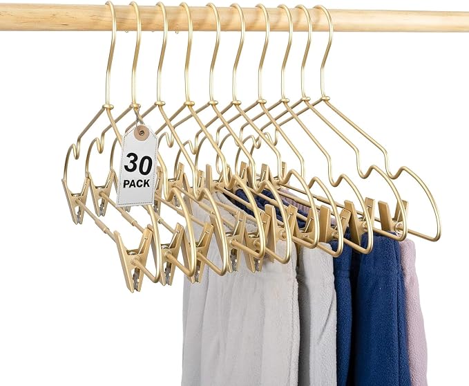 16.5" Adult Gold Metal Clips Pants Coat Clothes Hangers,30 Pack Coat Suit Closet Storage Display,Space Saving Standard Size Adult Clothing for Home Garment Clothes Shop by Koobay