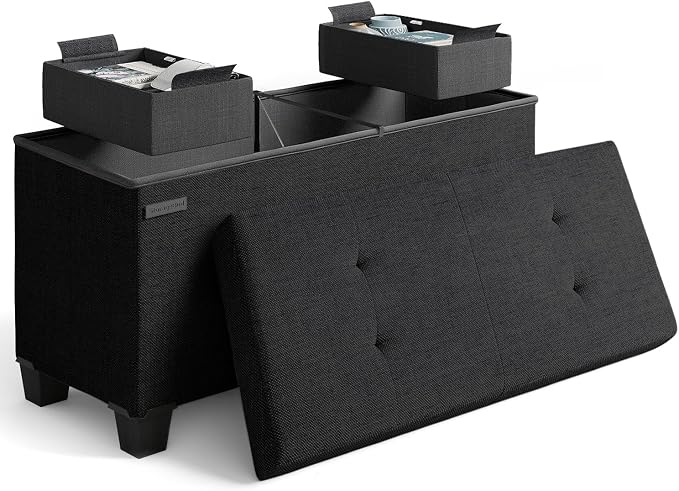 Storage Ottoman Bench with Bins, 30-in Storage Bench for Bedroom End of Bed, Folding Foot Rest Ottoman for Living Room Max 660lbs, Fabric Ottomans, Black by STORAGEBUD