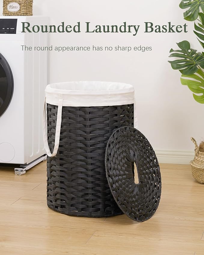 SETVSON Laundry Hamper with Lid, Round PE Rattan Basket, Black | 72L Compact Clothes Organizer with Lid, Removable Inner Bag with Handles, 2 Mesh Wash Bags, Space-Saving Storage Hamper - Image 2