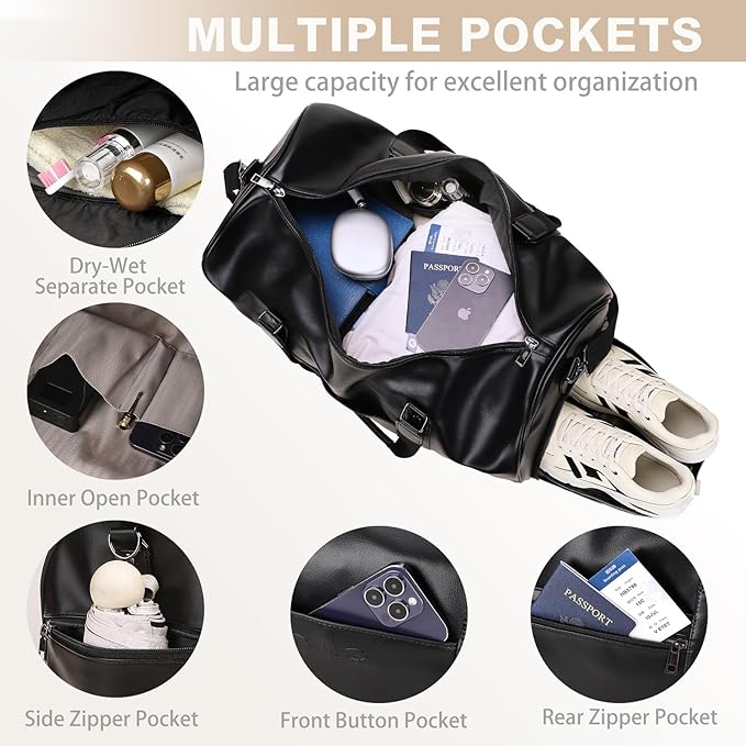 Large 3-in-1 Leather Duffle Bag for Travel Weekender Overnight Hospital Gym Bag for Men & Women, Carry On Airline Approved Personal Item Duffel Garment Bag Luggage with Shoe Compartment & Toiletry Bag - Image 7