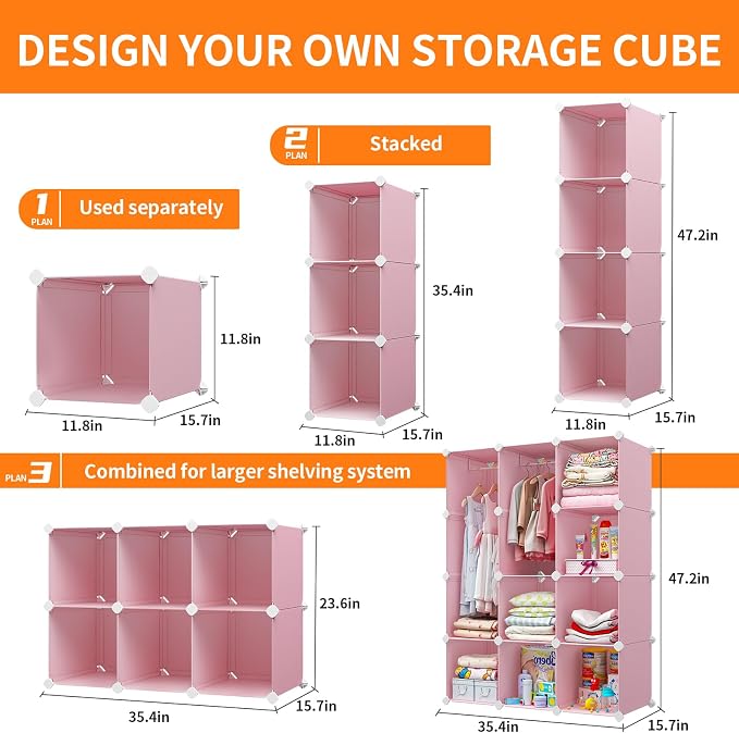 VIPZONE Baby Dresser, Kids Closet Organizers, Portable Kids Wardrobe for Closet, Bedroom, Nursery, Cubby, Cabinet, Clothes, Dress, Baby Storage Shelf, Armoire Clothes Hanging (12 Cube, Pink) - Image 2