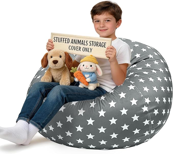 Lukeight Stuffed Animal Storage Bean Bag Chair Cover for Kids, Velvet Plush Toy Organizer Seat, Cover Only, No Filling Included, Long YKK Zipper, Side Pocket, X-Large 30"D x 18"H by Lukeight