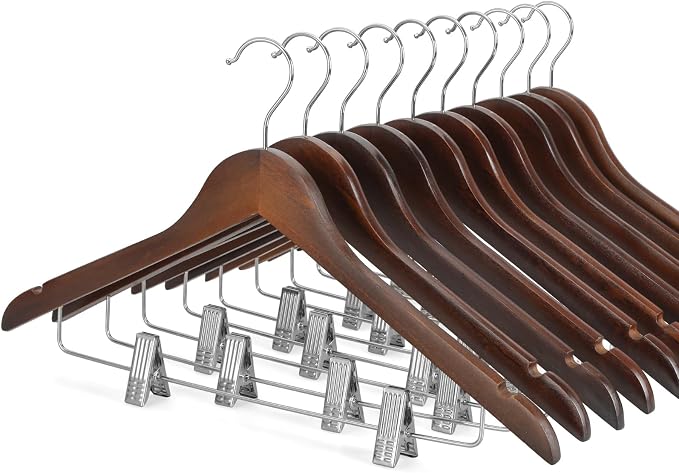 TOPIA HANGER Wooden Suit Hangers with Adjustable Metal Clips (10 Pack), Solid Wood Clothes Hangers, 360° Swivel Hook, Premium Retro Finish Pants Hangers for Clothes Coat, Jeans, Blouse-CT28A by TOPIAHANGER