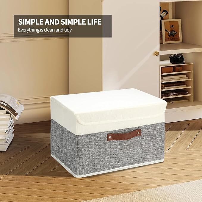 SAMORADREA 8 Pack Storage Bins Foldable Storage Boxes Fabric Storage Box with Lid & Handle Large Washable Organizer Bulk for Office, Home, Books, Clothes, Bedroom, Closet, (15INx10INx10IN White/Grey) - Image 6