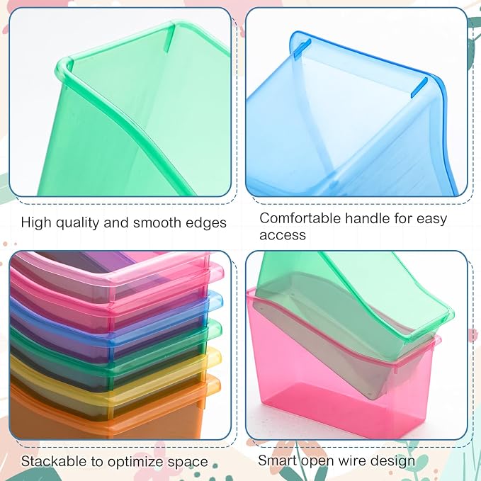 Geetery 12 Pcs Book Bin for Classroom with Labels Stackable Plastic Organizing Bins 11.5 x 5.4 x 7.5 in Book Holders Storage Bins Box Baskets for Classroom Library Home (Translucent Pastel) - Image 3