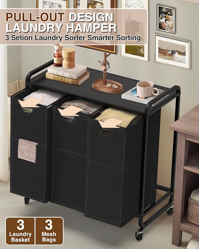 Laundry Sorter 3 Section,Laundry Basket with Wheels,3×15.8 Gal (60L) Black | Laundry Room Organization with Wooden Desktop Shelf,Pull-Out and Removable 900D Oxford Fabric Laundry Bags for Laundry Room - Image 4