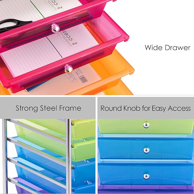 GOFLAME 10-Drawer Rolling Storage Drawer Cart, Utility Cart with Removable Drawers & Metal Frame, Mobile Art Craft Drawer Cart with Lockable Wheels for Home, Office, Studio, School, Rainbow - Image 8