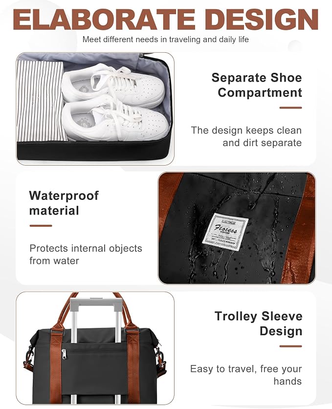 Travel Duffel Weekender Bag Women Tote Carry On Bags With Shoe Compartment | 18x14x8 inches Travel Overnight Bags with Trolley Sleeve for Airplanes Sport Tote Gym for Men Lightweight Daypack BlackBrown - Image 5