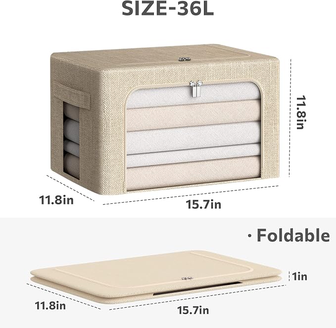 CYhom 3Pack Foldable Storage Bins - Frame Storage Box Linen Fabric Stackable Clothes Container Organizer with Clear Window & Carry Handles Large Capacity (Medium-36L, Beige) - Image 5