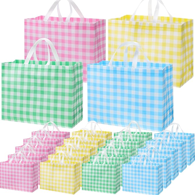 Colarr 24 Pcs Extra Large Easter Tote Bags Bulk with Handle Spring Gift Bag Non Woven Buffalo Plaid Waterproof Reusable Bag for Spring Holiday Wedding Party Supplies,16.5'' x 13 "x 7'' by Colarr