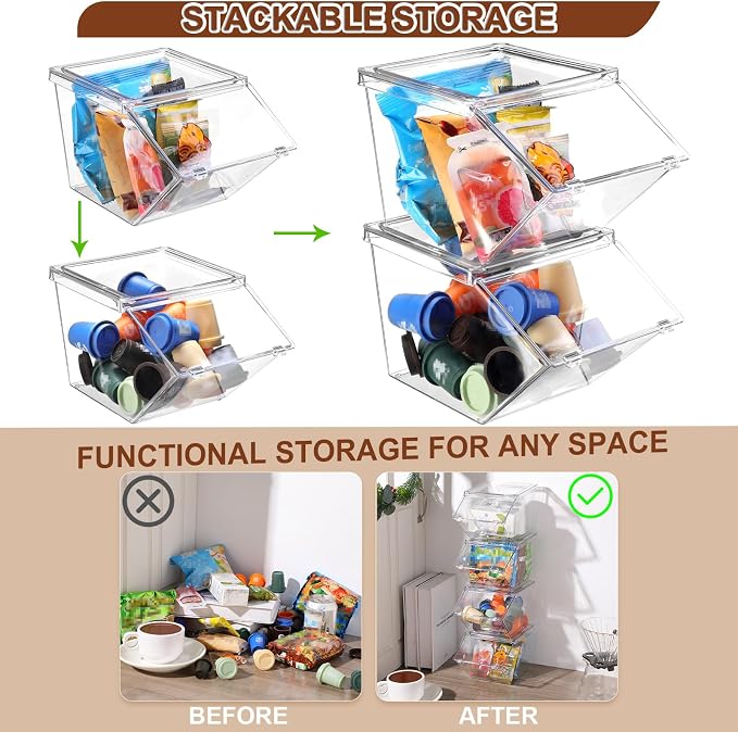 Yerliker 4 Pcs Clear Plastic Storage Bins with Lids Large Stackable Pantry Storage Organizer Bins Kitchen Organization Cabinet Organizers Ideal Containers for Fridge, Kitchen, Cabinets (Clear) - Image 4
