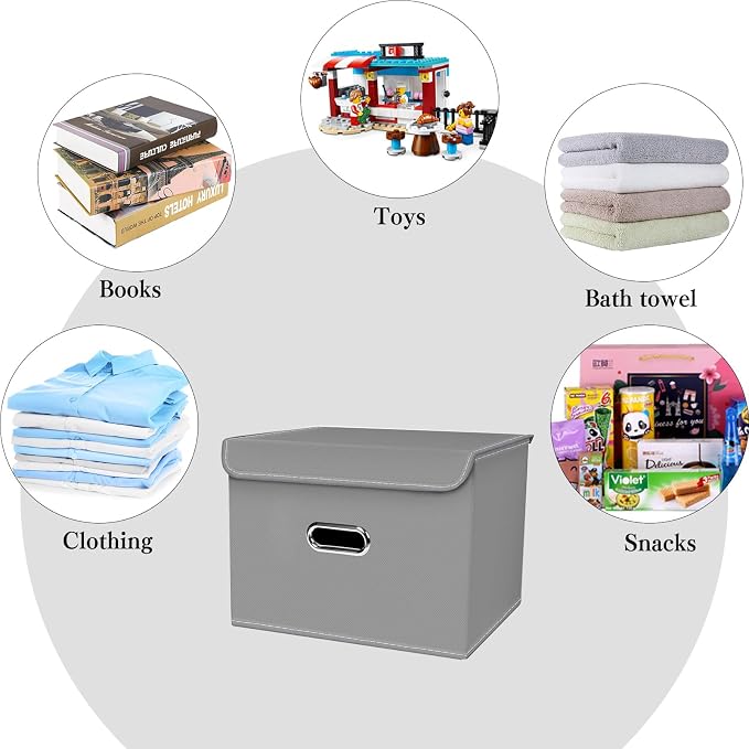 Linen Fabric Foldable Collapsible Storage Cube Bin Organizer Basket with Lid, Leather Handles, Removable Divider for Home, Closet (Grey, 3Pcs) - Image 3