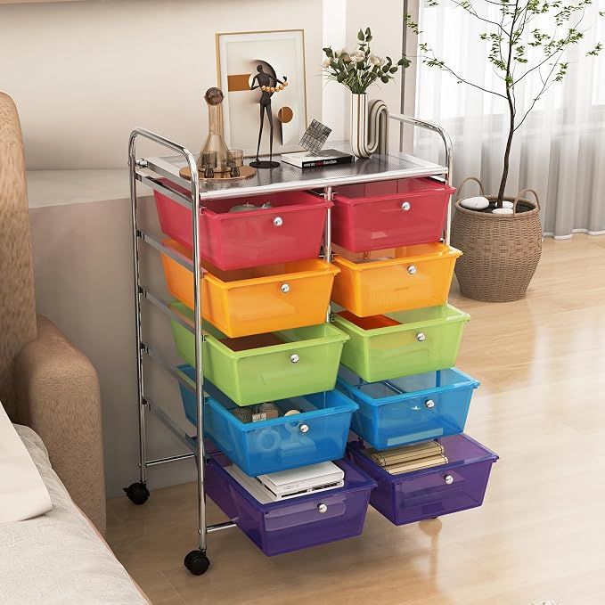 RELAX4LIFE Rolling Storage Cart with 10 Drawers - Craft Storage Cart with Lockable Wheels,Utility Cart, Art Cart Organizer for Crafting Storage, Studio, Office, School Rolling Drawer Cart (Rainbow) - Image 5