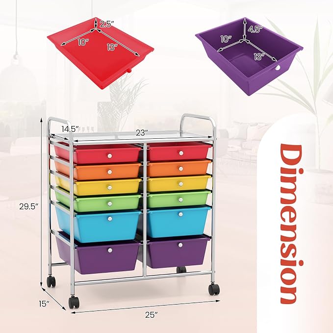 12 Drawer Rolling Storage Cart, Craft Cart Organizer on Wheels w/Metal Frame, Large Capacity & Smooth Drawer, Rolling Cart w/Drawers for Classroom, Office - Image 3