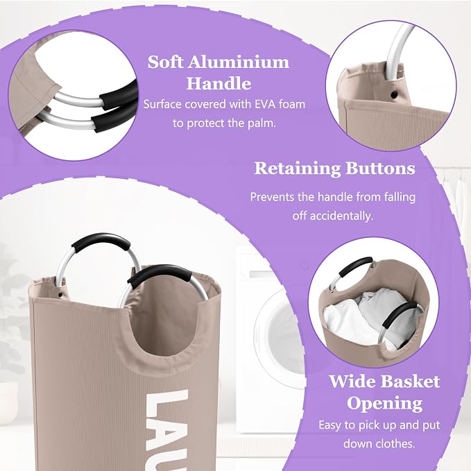 95L Folding Laundry Basket for Singles, Large Laundry Hamper with Aluminum Handles, Freestanding Dirty Clothes Basket, Sturdy Oxford Fabric Clothes Hampers for Travel, Dormitory, Khaki - Image 4