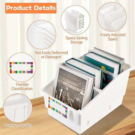 6 Pack Picture Book Bins with Dividers Plastic Book Holders with Labels Stackable Classroom Organization Bins Magazine File Binder Holder Storage Container for Classroom Library Home Office(White) - Image 3