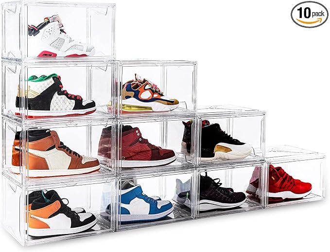 KDOR Shoe Box Clear Plastic Stackable for Sneakers,Closet,Hat. 10 Pack Sneaker Storage Boxes with Magnetic Door, Acrylic Display Case, Strong and Sturdy Fit Shoe Size Up to US 15 by KDOR