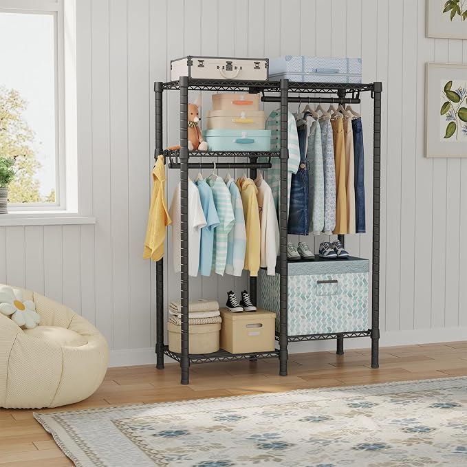 F1 Garment Rack for Kids, Baby, Students, and Children's Room, 4 Tiers Freestanding and Portable Heavy Duty Closets, Small Metal Clothes Rack with 2 Hanging Rod, 31.2" W x 11.8" D x 48" H, Black | Small Clothing Racks with 2 Hanger Rods for Hanging Bab... - Image 2