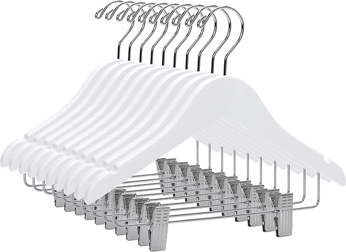 Quality Hangers Kids Wooden Pants Hangers 12 Inches - 80 Pack Skirt Hangers with Adjustable Metal Clips 360° Swivel Chrome Hook & Nonslip Notches- Ideal for Clothes Size 8 and Smaller (White, 80) by QualityHangers