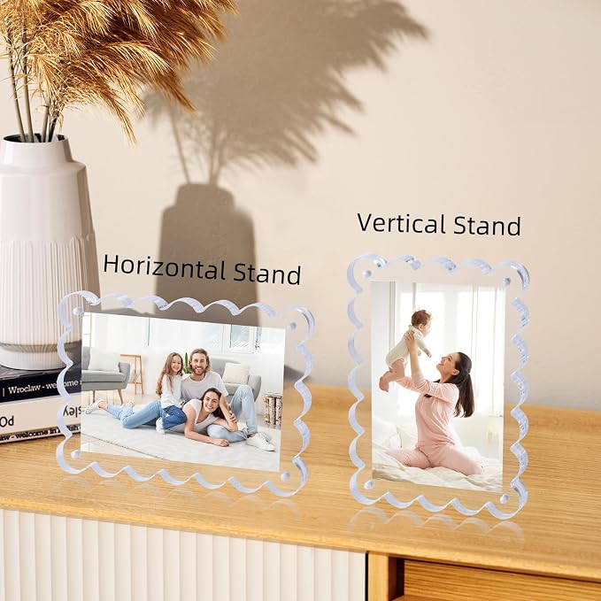 Chivalral 3 Pack 4x6 Acrylic Picture Frame, Double-Sided Tabletop Display | Scalloped Edge Design,10+10mmThick,Magnetic Photo Frames,Horizontal/Vertical,Gift for Birthday Wedding Anniversary,Home decor - Image 6