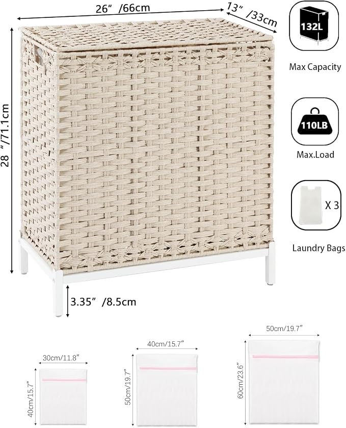 SETVSON Laundry Hamper with Lid,Clothes Hamper with Lid,132 L, Light Khaki | 35 Gallons, Handwoven Rattan Laundry Hamper, Metal Heightened Feet, 3 Removable Liner Bags for Laundry - Image 5