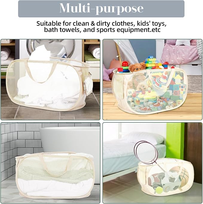 4 Pcs Durable Collapsible Laundry Baskets, Foldable Large Opening Pop Up Laundry Hamper with Pocket, Clothes Hamper with Handles for Laundry, Bathroom, Kids Room, Dorm or Travel Beige - Image 7