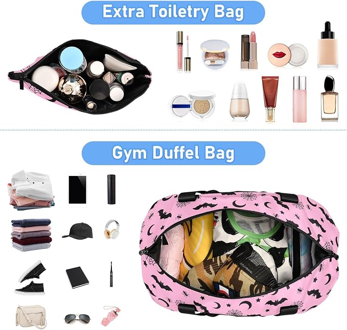 Gothic Pink Travel Duffel Tote with Bats - Sports Weekender Overnight Gym Carry On Hospital Bag for Women & Men - Image 3