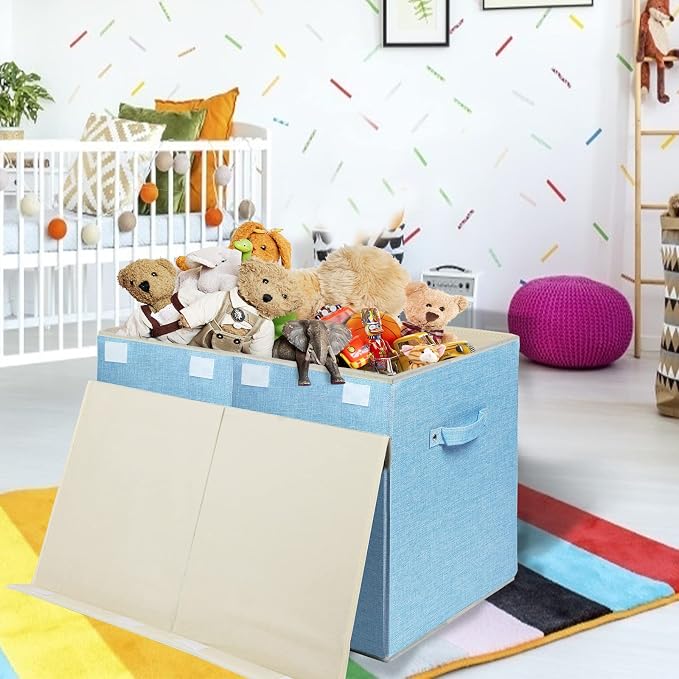 Large Toy Box Chest Storage with Flip-Top Lid, Kids Toy Storage Bin Boxes | Toy Chest with Rivets Handles for Kids, Boys, Girls, Nursery, Playroom, Living Room, Bedroom, 25"x 13" x 16" (Linen Blue) - Image 2