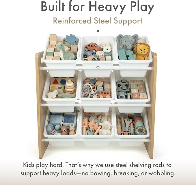 Humble Crew Kids Toy Organizer with 9 Bins, 3 Tier Storage for Playroom | Sturdy wood and steel toddler shelf, removable BPA-free containers, wall anchor anti-tip safety kit for bedroom or classroom - Image 5