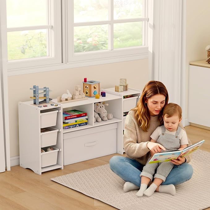 MallBest Montessori Shelf for Kids - 100% Solid Pine Wood with 6 Removable Plastic Bins, Toy Storage Organizer for Playroom, Bedroom & Nursery (White) - Image 3