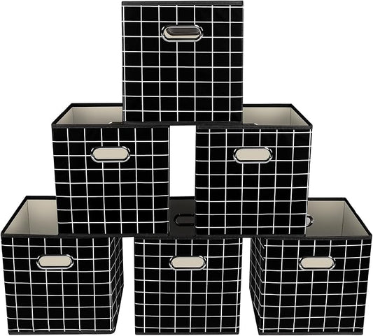 Yunkeeeper storage bins Cubes, Fabric Cube Organizer with Handle, Foldable Cube Bins for Cloth or Accessary Storage, 11x11x11, Set of 6, (Black grid) by Yunkeeper