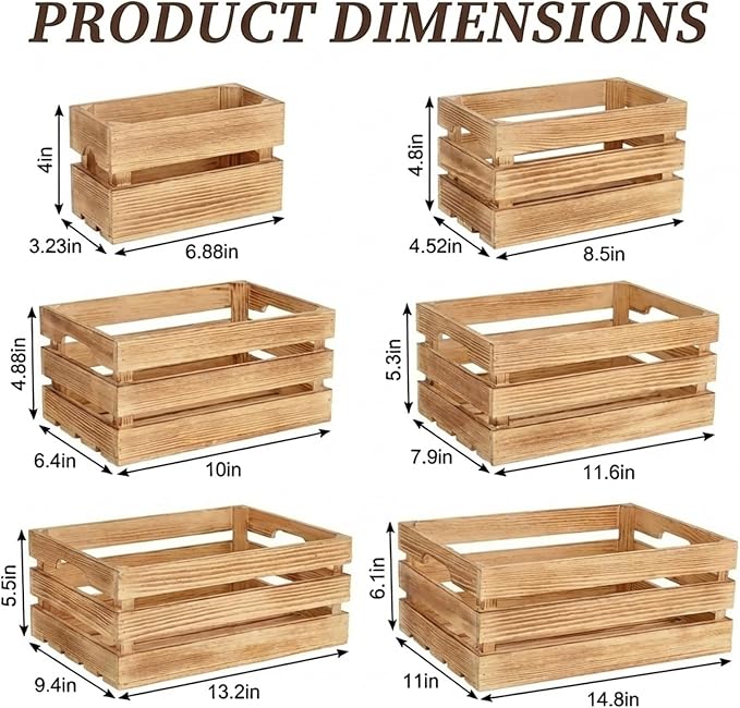 Set of 6 Decorative Wood Crates for Display, 6 Size Farmhouse Wooden Baskets Rustic Nesting Crates Decor Boxes with Handle for Storage, Container, Display, Christmas Decorations - Image 2