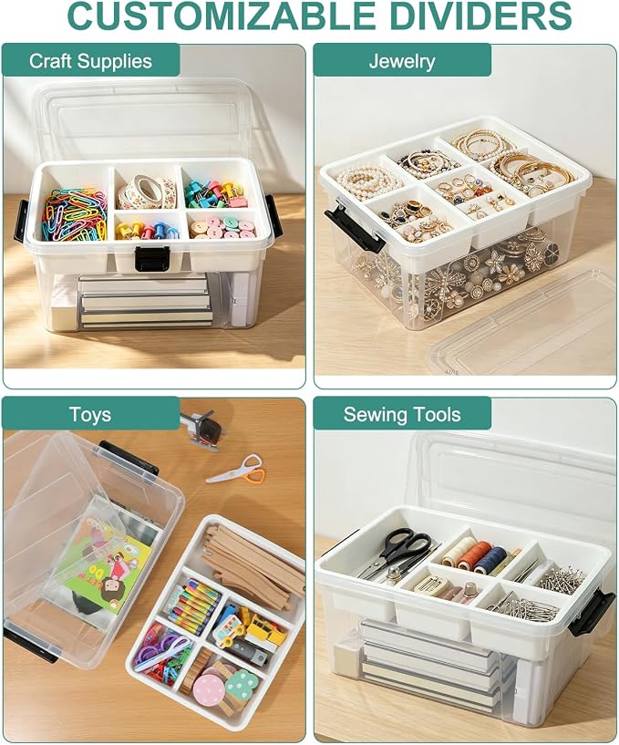 EOENVIVS 17 QT Clear craft storage organizer box with Removable Tray, Plastic storage bins with lids for Kids Art Supplies, Toys, Beads, Tools, Sewing & Classroom Clear+Black Bulcket - Image 7