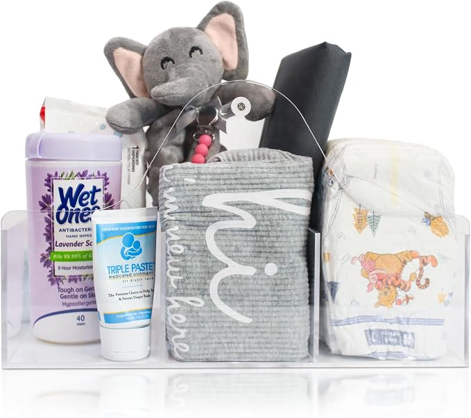 Acrylic Diaper Caddy Organizer - Stylish Portable Nursery Storage Basket with Handle & 3 Spacious Compartments - Perfect for Diapers, Wipes, Creams - Baby Shower & Nursery Must Haves by REBECCA+LUXURIOUS+BATH