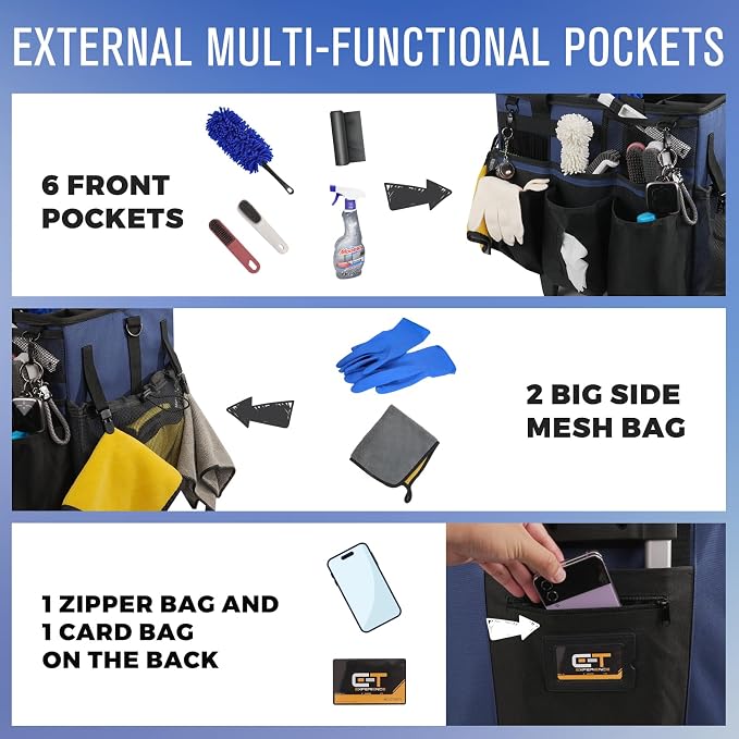 SCAVATA Rolling Cleaning Caddy Bag with Detachable Trolley, Large Cleaning Supplies Organizer with Wheels, Multi-Pocket Cleaning Cart with Adjustable Shoulder Strap for Housekeepers (NavyBlue) - Image 2