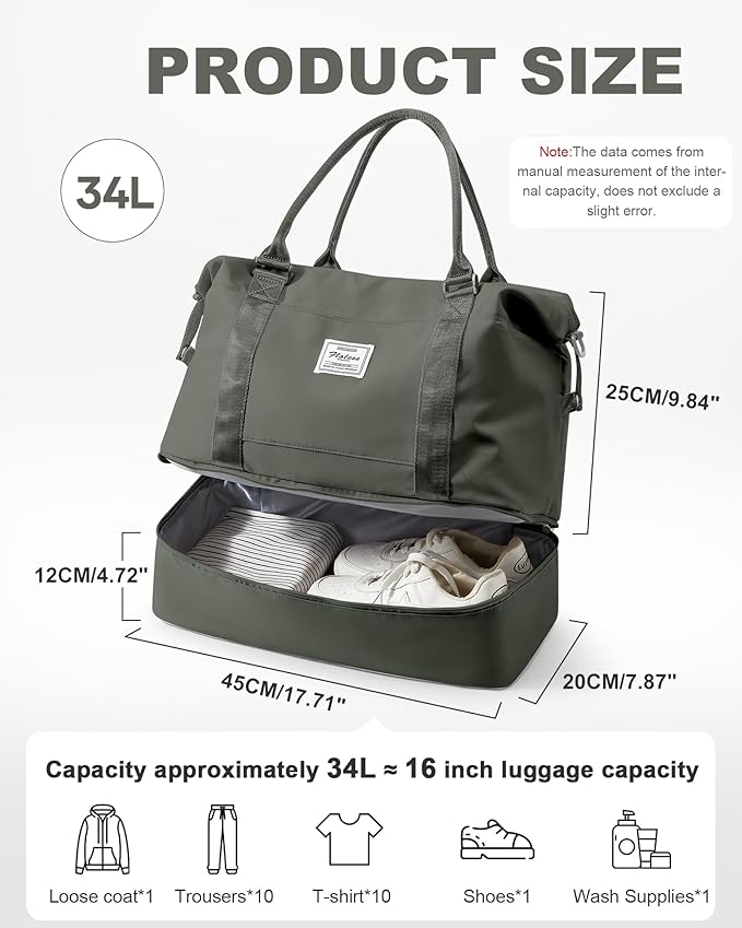 Travel Duffel Weekender Bag Women Tote Carry On Bags With Shoe Compartment | 18x14x8 inches Travel Overnight Bags with Trolley Sleeve for Airplanes Sport Tote Gym for Men Lightweight Daypack Green - Image 4