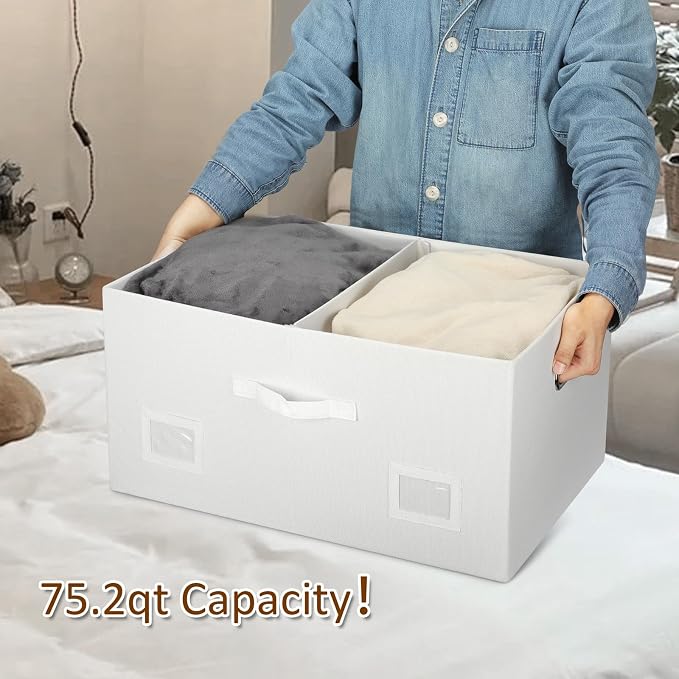 Graciadeco 75 Quarts Extra Large Decorative Storage Bins with Lids, 1 Pack White Collapsible Storage Bins with Lids, Stackable Storage Bins Decorative Box Storage With Lid Extra Large | 75 Quarts 1 Pack White Collapsible Stackable Linen Fabric 4 Handle... - Image 3